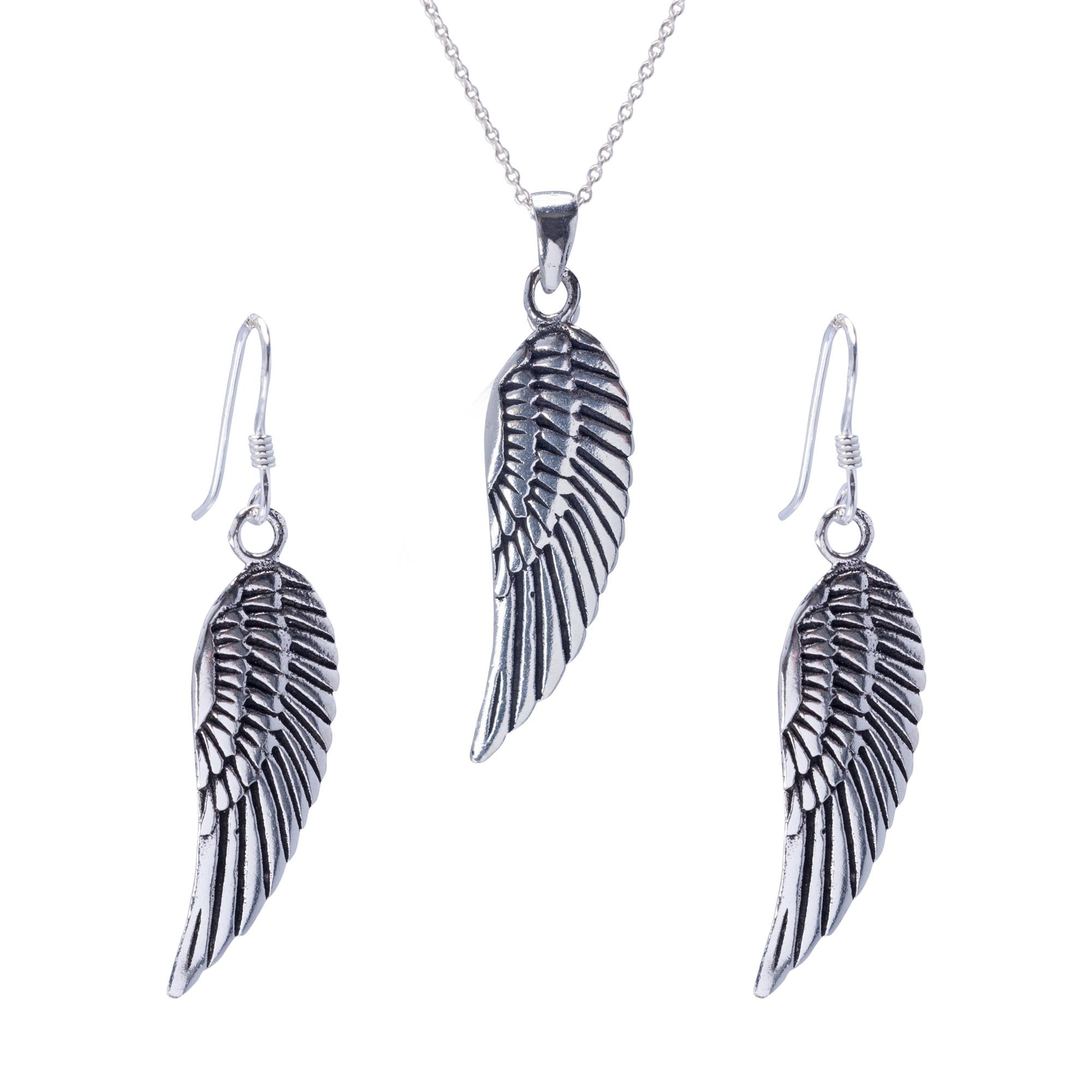 Silverly 925 Silver Angel Wing Jewellery Set for Women - Sterling Silver Textured Feather Earrings and Necklace - Gothic Boho Bird Wing Jewellery – Protective Spiritual Symbol Gift