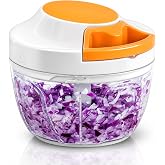 Manual Food Processor &amp; Vegetable Chopper, Hand Pull String Garlic Mincer Onion Chopper Dicer for Salsa Pesto Guacamole, 3 Stainless Steel Blades, 500ml White