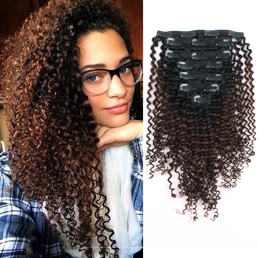 Sassina Two Tone Kinky Curly Clip in Human Hair 4A 4B Natural Clip in for African American Black Women 7Pcs-120G Ombre Natural Black Fading to Brown TN4 12 Inch