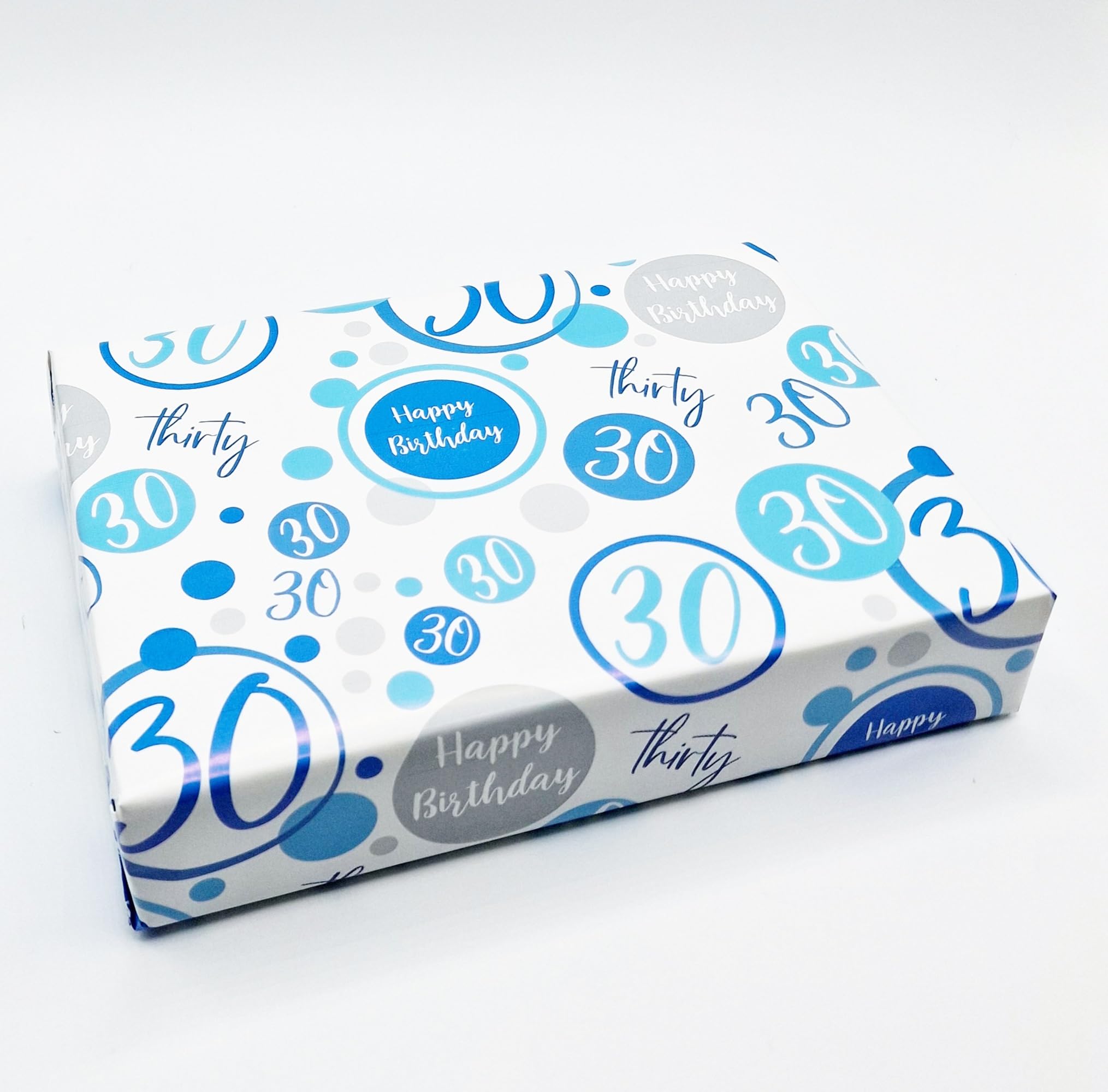 4 Sheets + 4 Matching Gift Tags 30th Birthday Wrapping Paper Age 30 Birthday Blue White Gift wrap Male (PA)