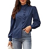 LOOKBOHO Women's Spring Shirts 2026 Long Sleeve Ruffle Collar Button Down Tops Dressy Casual Elegant Solid Retro Blouse
