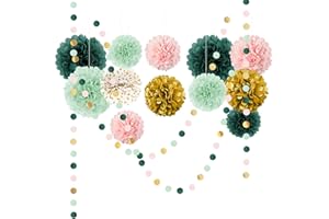 AOBKIAT Wedding Birthday Party Decorations Set,15PCS Sage Green Pink Tissue Paper PomPoms Circle Dots Paper Garland String Hanging Backdrop for Baby Shower, Boho Bridal Wedding Theme Decor