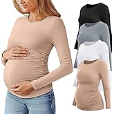 Huukeay 4 Pack Women's Maternity T Shirts, Long Sleeve Side Ruched Pregnancy Top Crew Neck Bodycon Shirts Casual Mama Clothes