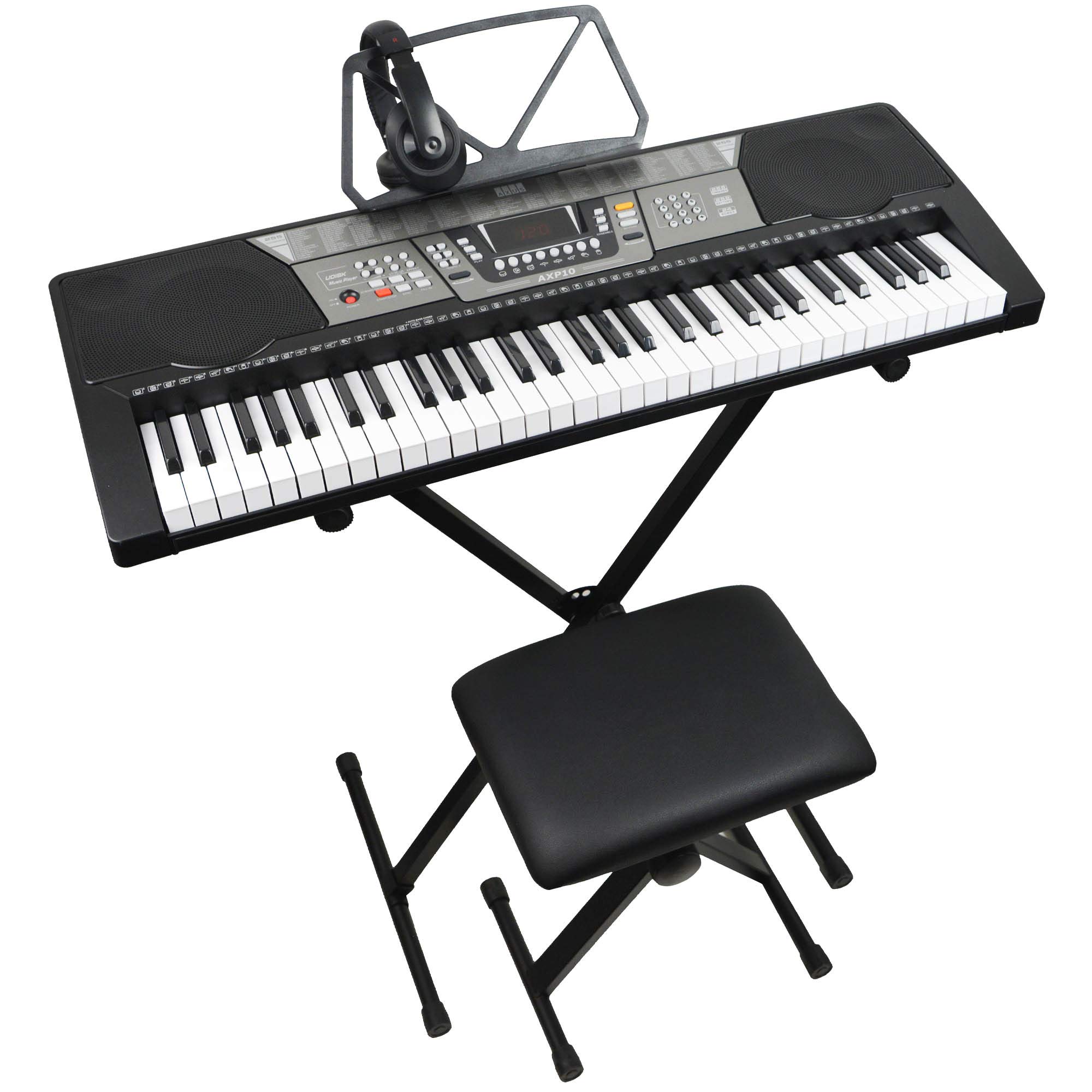 Axus AXP10 61-Key Portable Electronic Keyboard Piano Bundle for Beginners and Kids with Stand, Stool, Headphones, 6 Months FREE Lessons, Power Supply and Music Rest