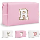 Small Travel Initial Preppy Makeup Bag, Personalized Pink Cute Cosmetic Organizer Chenille Letter Travel Toiltery Zipper Pouch, Monogram Makeup Storage Gifts for Friend Her Birthday Women(Letter R)