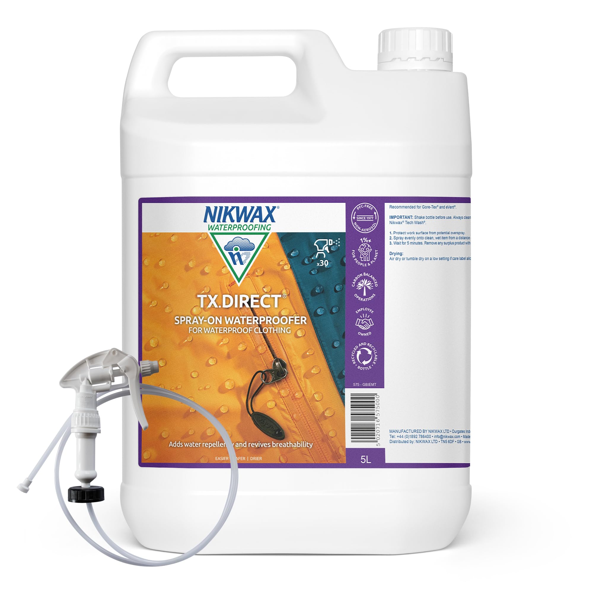 Nikwax TX.DIRECT Spray-On Waterproofer 5 Litre with Spray-Head Attachment – Powerful Waterproofing for Outdoor Clothing, Restores Waterproof Treatment for Jackets & Wet Weather Clothing