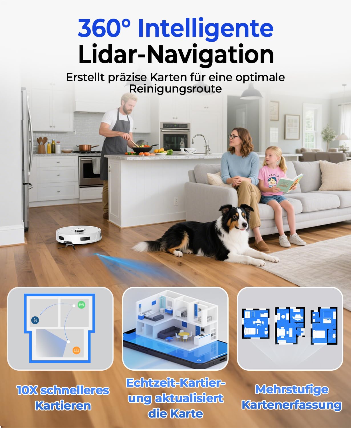 Redkey R11 Saugroboter mit Wischfunktion, 20.000Pa Saugkraft, Staubsauger Roboter mit 4L Absaugstation, Anti-Haar-Verwicklung, LiDAR Navigation, APP Steuerung, Ideal für Teppich und Tierhaare 3