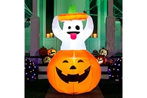 Joiedomi 5 FT Halloween Inflatable Ghost Outdoor Decorations, Blow Up Halloween Yard Decorations in Pumpkin, Blow Up Ghost Inflatable with LEDs for Halloween Decor, Cute Halloween Decorations