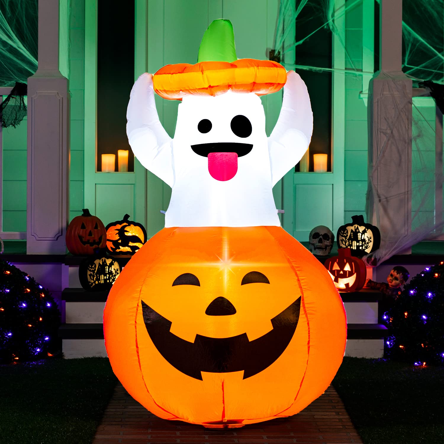 Photo 1 of Joiedomi 5 FT Halloween Inflatable Ghost Outdoor Decorations, Blow Up Yard Decorations in Pumpkin, Blow Up Ghost Inflatable with LEDs for Cute Halloween Decor