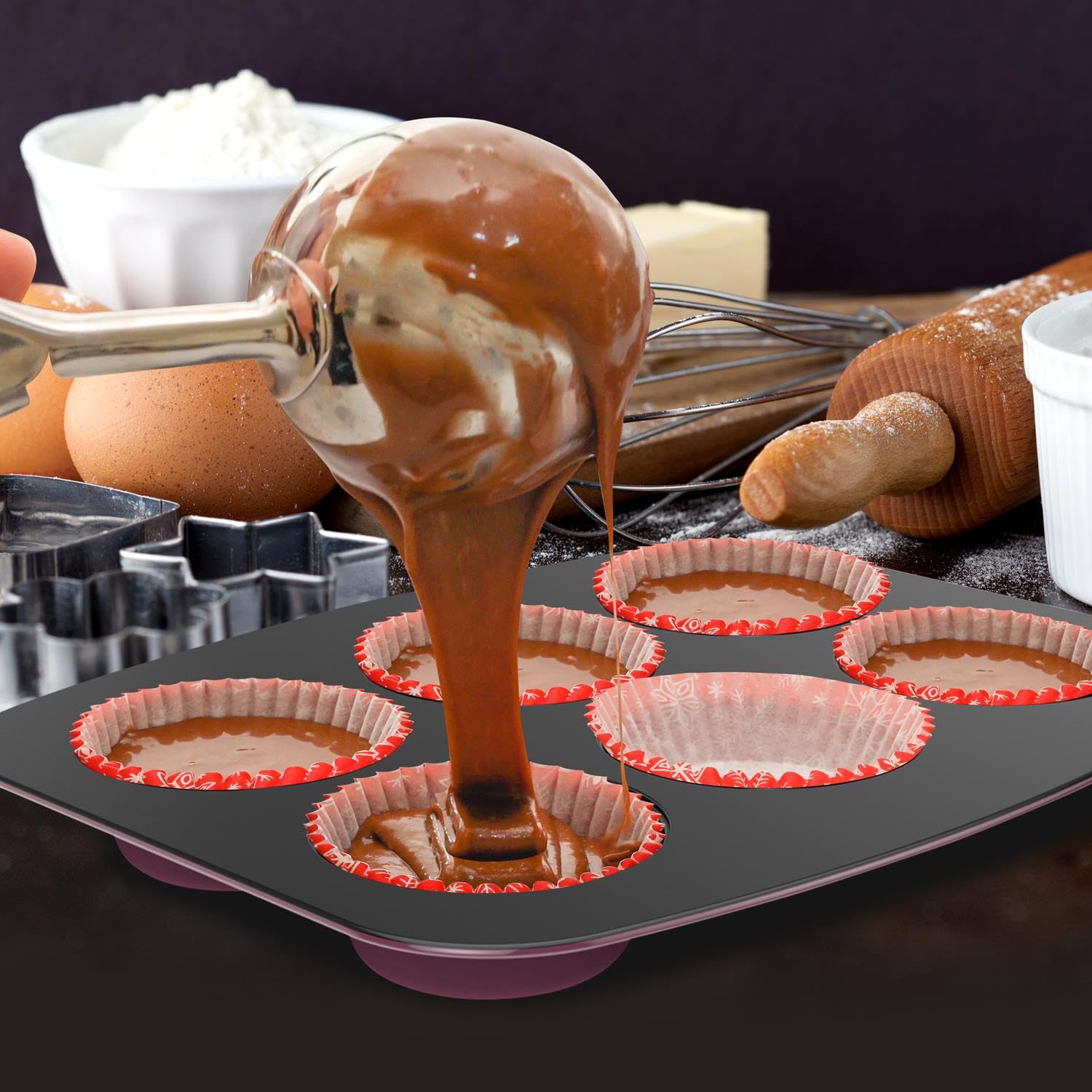 NutriChef 8-Piece Nonstick Stackable Bakeware Set - PFOA, PFOS, PTFE Free Baking Pan Set w/Non-Stick Coating, 450°F Oven Safe, Round Cake, Loaf, Muffin, Wide/Square Pans, Cookie Sheet (Plum)