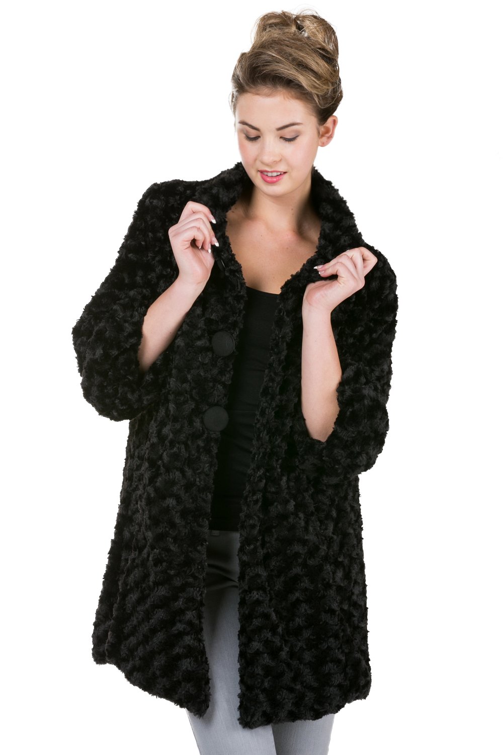 Melody Women Rosette Faux Fur China Collar Half Coat Jacket 3/4 Puff Sleeve