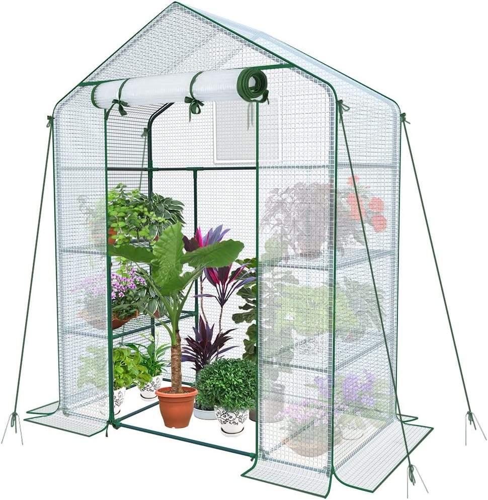 VOUNOT Walk In Greenhouse with Shelves 143x73x195cm White Garden Polyhouse