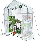 VOUNOT Walk In Greenhouse with Shelves 143x73x195cm White Garden Polyhouse