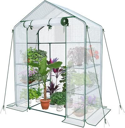 VOUNOT Walk In Greenhouse with Shelves 143x73x195cm White Garden Polyhouse