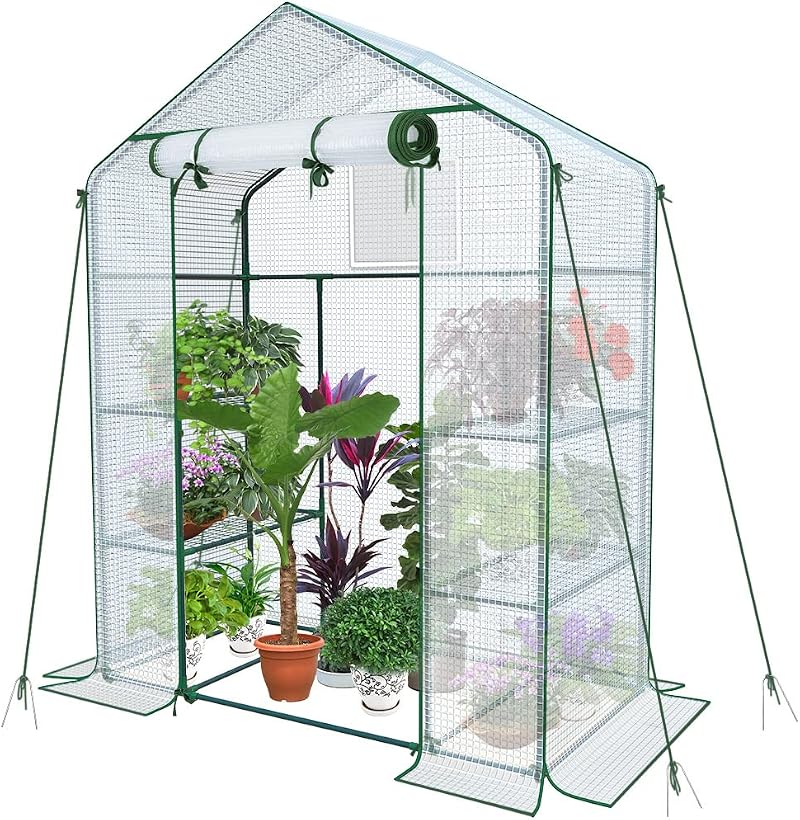 VOUNOT Walk In Greenhouse with Shelves 143x73x195cm White Garden Polyhouse
