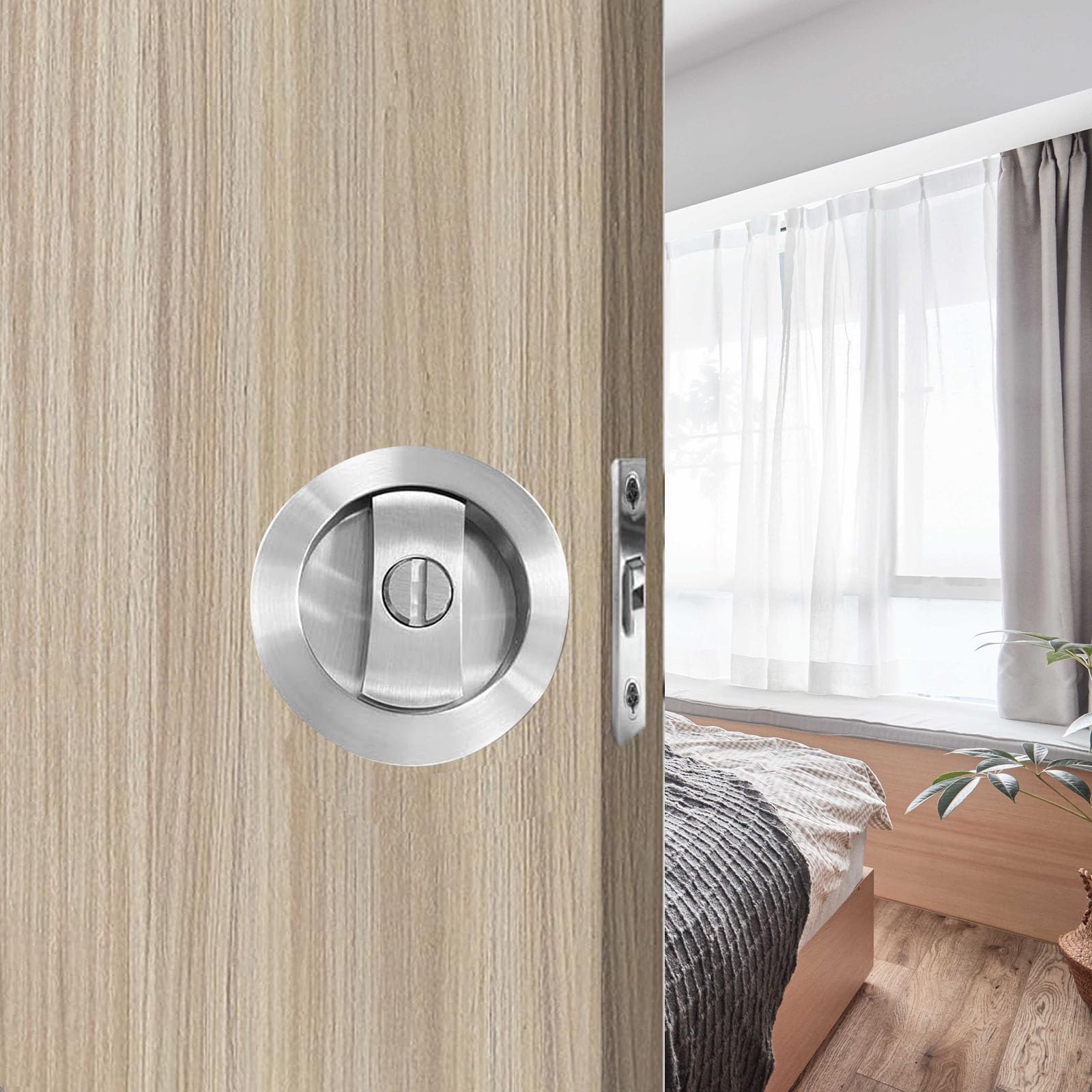 Betensh Recessed Keyless Pocket Door Lock - Privacy Round Sliding Handle, Invisible 2 Sided, 66mm Silver