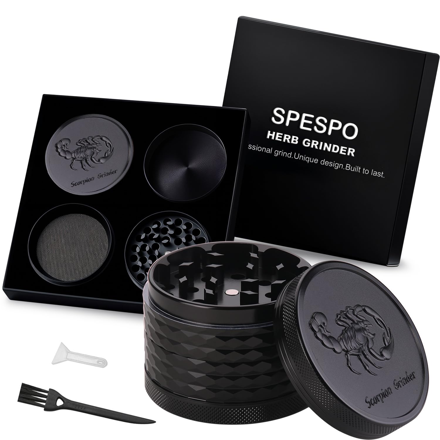 Spespo Herb Grinder, Aluminium Premium Metal Grinder 2.5inch with Embossed Cool Scorpion, 4 Pieces, Large Grinder with Pollen Scraper (Black), (CH-290)