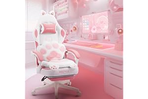 MEENICE Pink Gaming Chair Cute with Cat Ears Paw Lumbar and Cushion,Ergonomic Computer Chair with Footrest,Reclining PC Game Chair for Girl Computer Chair 300lbs for Adult