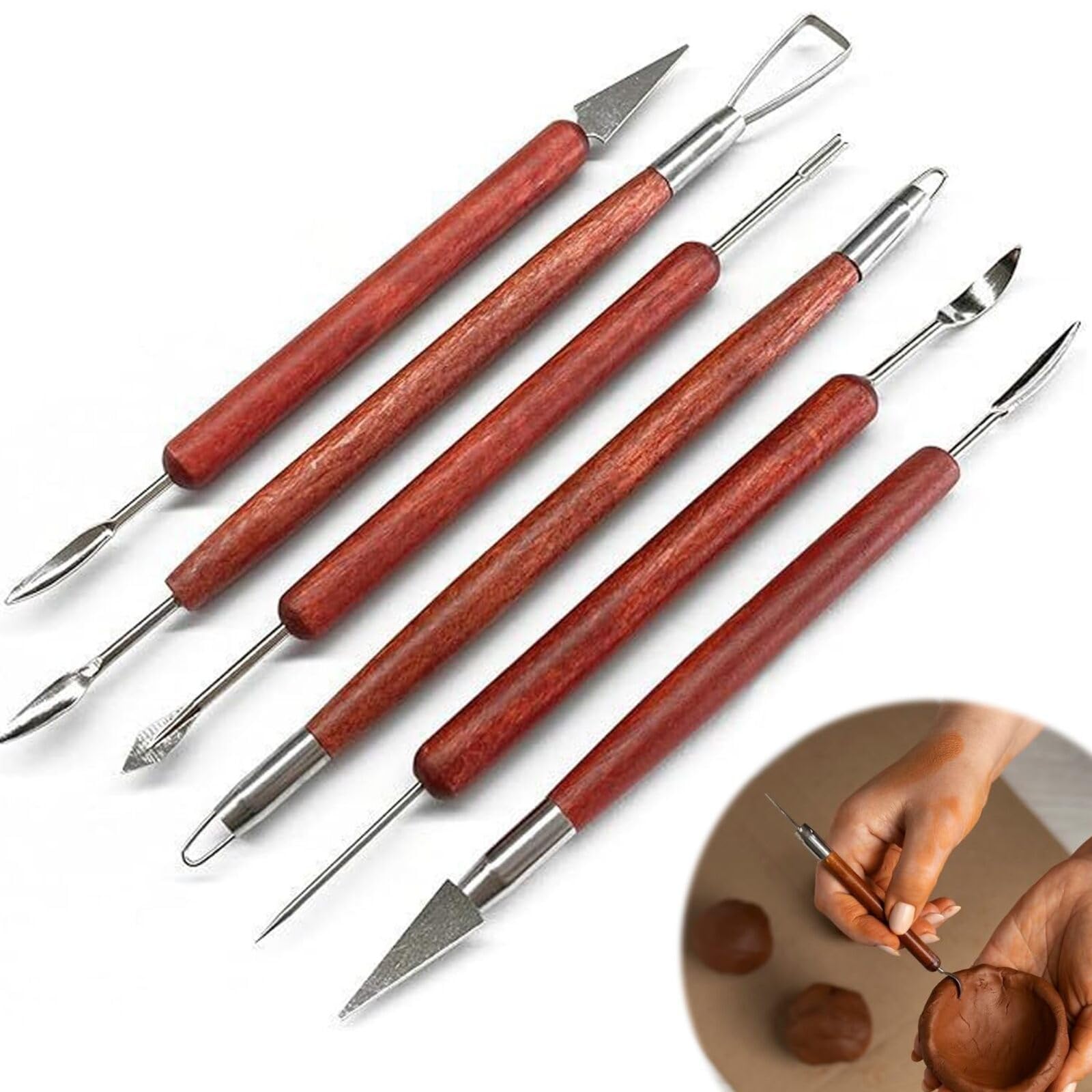 Clay Tools & Wooden Clay Tools Set, 6-Piece Double Sided Metal and Wood Sculpting Tools for Pottery, Air Dry Clay, Ceramics & Art Crafts