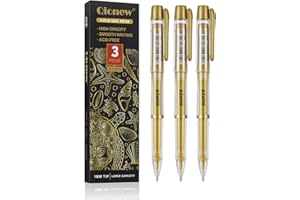 Qionew Gold Gel Pens, 3 Pack, 1mm Fine Gel Ink Pen, Opaque Ink, for Artists Drawing on Black Paper, Sketching, Illustration, Card Making, Bullet Journaling