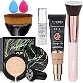 Mushroom Head Air Cushion CC Cream Natural Foundation,PHOERA CC Cream Foundation With SPF,Color Correcting Anti Aging Hydrating Serum,PHOERA Face Primer (#03 Warm Nude +#120 Nude)