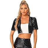 Allegra K Sequin Cardigan for Women's Puff Sleeve Open Front Jacket Sparkly Glitter Cropped Shrug Bolero