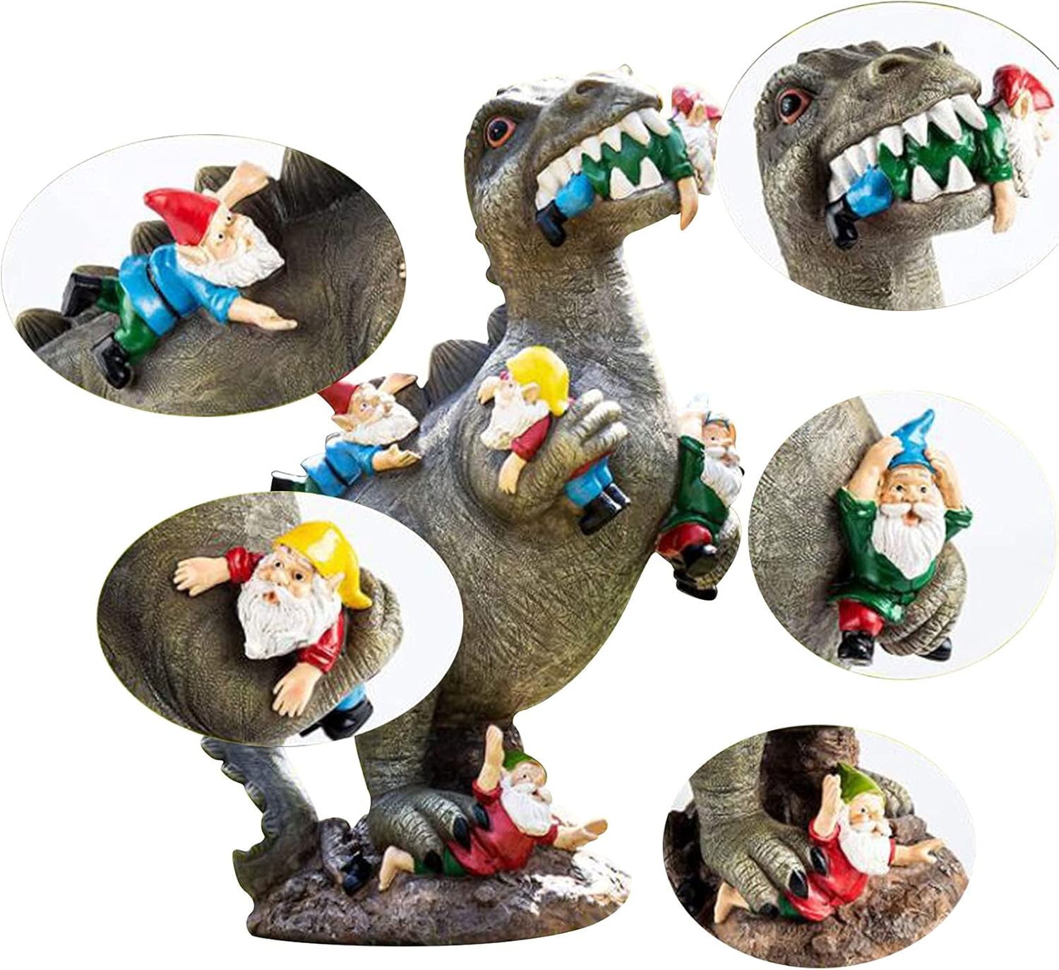 Dinosaur Cat Eating Gnomes Garden Decoration Statues Hand Painted Resin Craft Figurines Gift Ornaments 3D Art Sculptures for Tabletop Shelf Outdoor Party Home Patio Yard Lawn Garden Decor (Dinosaur)