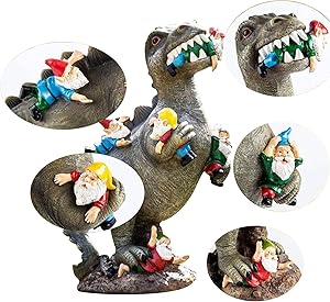 Dinosaur Cat Eating Gnomes Garden Decoration Statues Hand Painted Resin Craft Figurines Gift Ornaments 3D Art Sculptures for Tabletop Shelf Outdoor Party Home Patio Yard Lawn Garden Decor (Dinosaur)