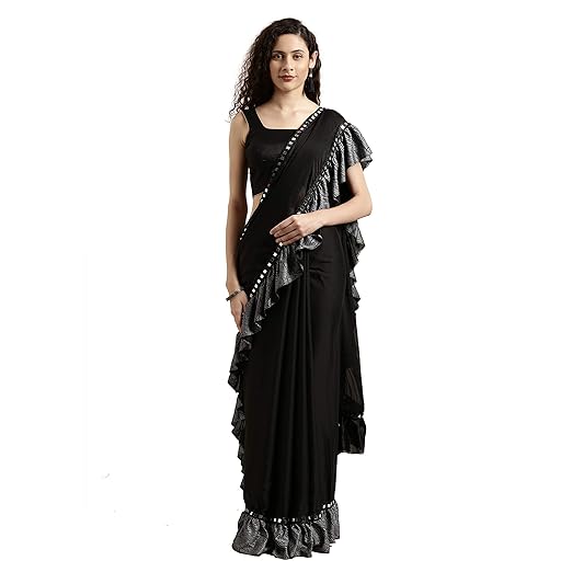 Womanista Womens crepe with blouse piece 7510 Sarees (TI1042_ Black & Grey_ Onesize)