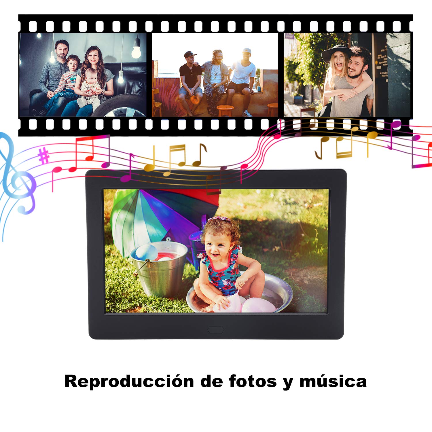 Marco Digital 7 Pulgadas Pantalla IPS Full HD, Marco de Fotos Digital HD Reproductor de Audio MP3 MP4/el Interruptor del Temporizador/Reloj/Calendario/con Control Remoto（Incluye Varilla de Soporte）