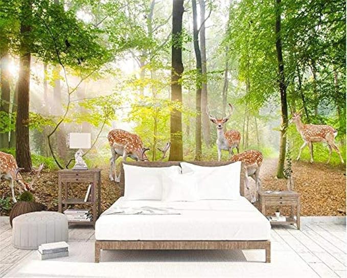 Papel pintado Mural moderno nórdico bosque verde alce sofá dormitorio