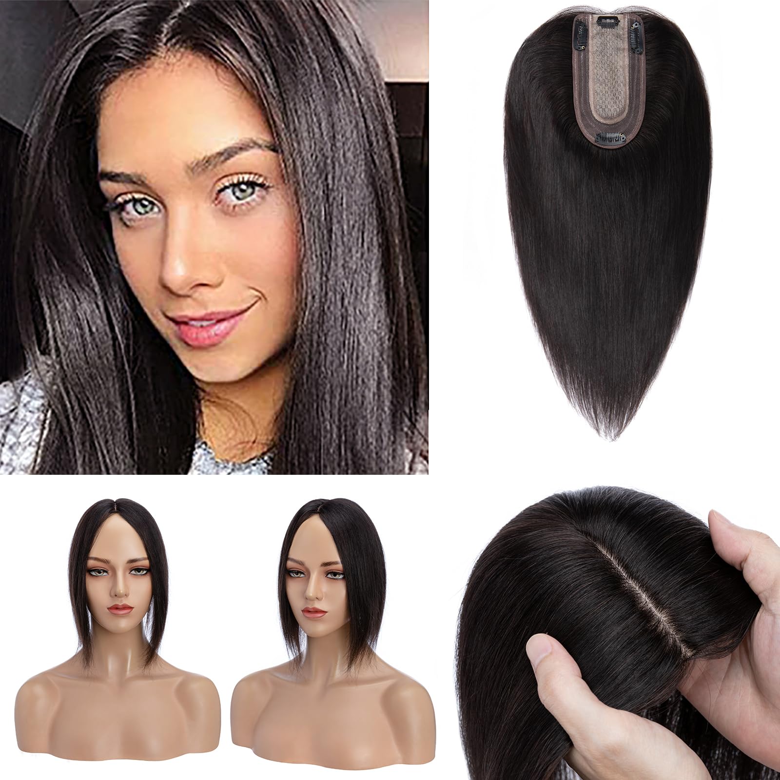 Photo 1 of Benehair Real Human Hair Topper - 150% Density, Silk Base Clip-in Pieces for Slight Hair Loss & Thinning - 14 Inch, No Bangs, Natural Black