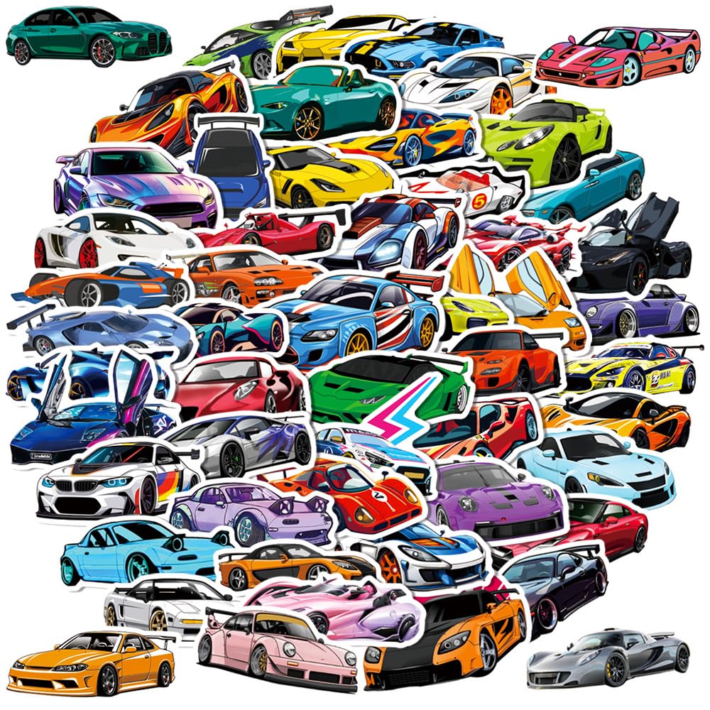 JXJMYU 50PCS Super car Stickers Pack,Color Waterproof Vinyl Sports Car Stickers for Water Bottles, Laptops, Skateboard,Helmet Cool Sticker for Kids Teen