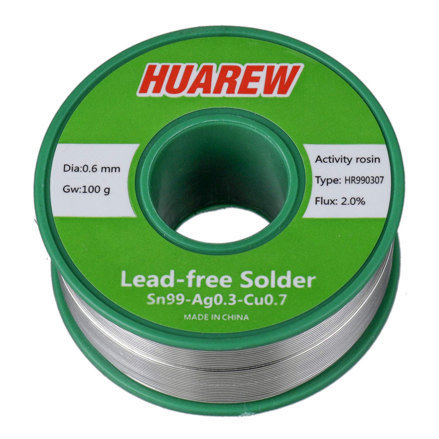 HUAREW HR990307 Sn 99-Ag 0.3-Cu 0.7 Lead-Free Solder Wire with Rosin core (0.6mm, 100g)
