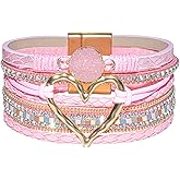 GZJINYUAN Leather Wrap Bracelet for Women, Boho Cuff Bracelet with Strong Clasp, Multi-Layer Crystal Leather Bracelet for Valentine's Day