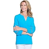 MULTIPLES Women's 3/4 Puff Sleeve Y-Neck Band Collar Top