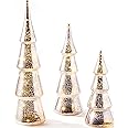 LampLust Mercury Glass Christmas Tree Decoration - Set of 3 Assorted Trees with Fairy Lights, 10 Inch Tall, Silver Finish, Batteries Included, Holiday Table Centerpiece or Mantle Decor