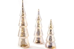 LampLust Mercury Glass Christmas Tree Decoration - Set of 3 Assorted Trees with Fairy Lights, 10 Inch Tall, Silver Finish, Batteries Included, Holiday Table Centerpiece or Mantle Decor