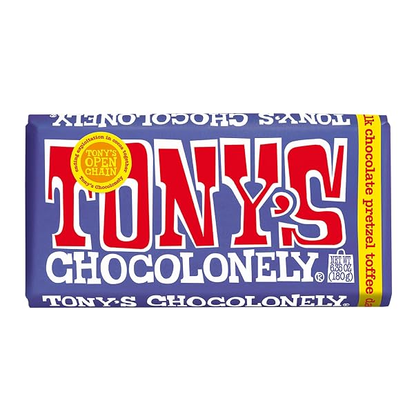 TONY’S CHOCOLONELY 42% DARK MILK CHOCOLATE BAR WITH PRETZEL AND TOFFEE BELGIUM CHOCOLATE, NO ARTIFICIAL FLAVORING, FAIRTRADE & B CORP CERTIFIED – 6.35 OZ