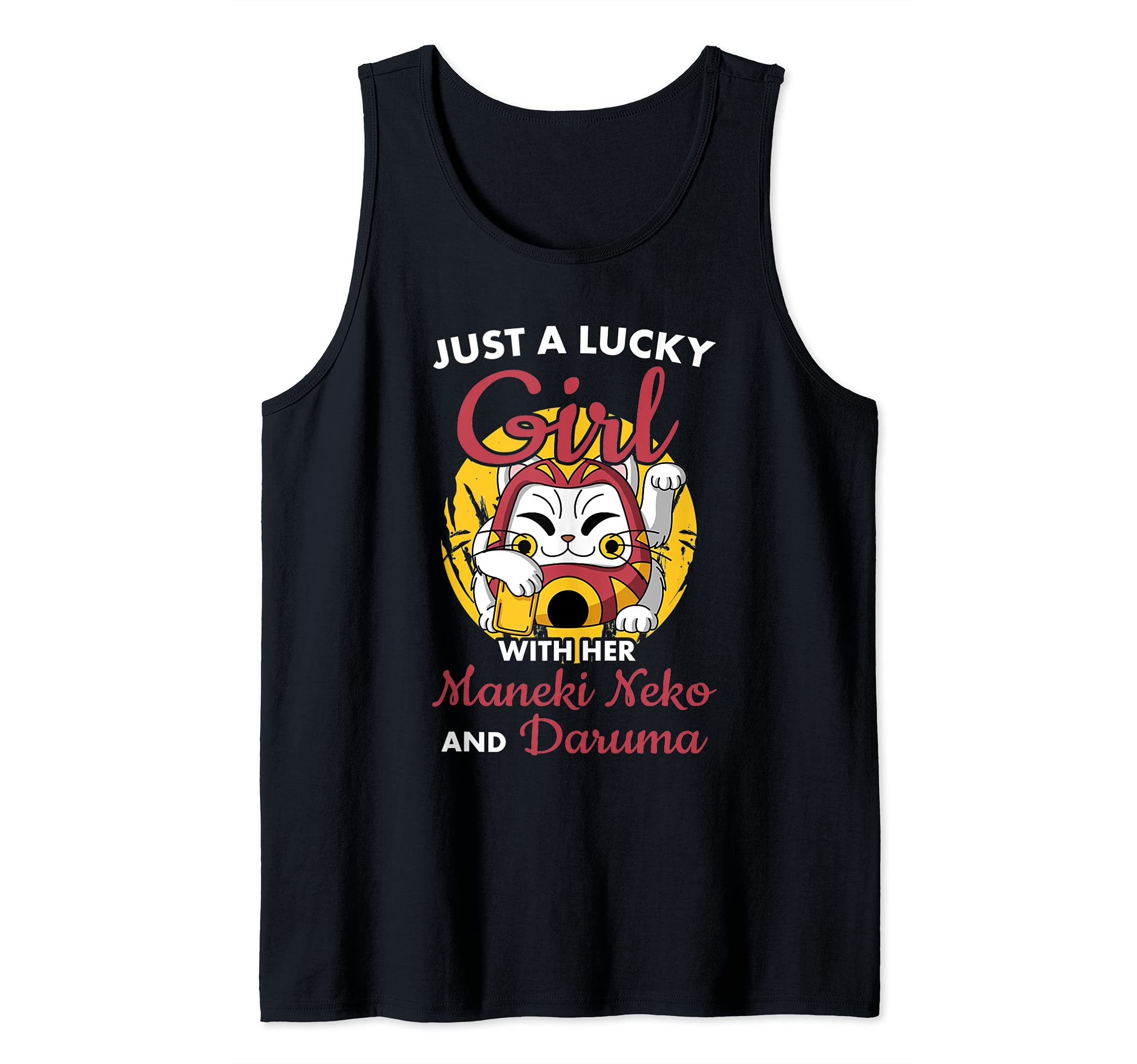 Just A Girl With Japanese Maneki Neko Lucky Cat Daruma Doll Tank Top