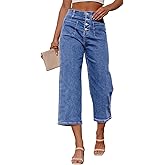 Sidefeel Women's Capri Pants Trendy Wide Leg Jeans High Waisted Stretchy Loose Cropped Denim Pants