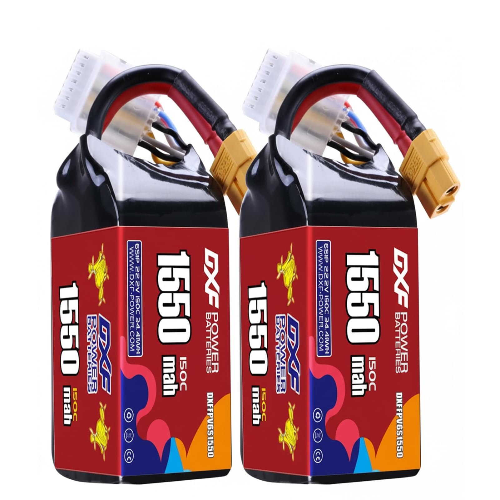 DXF 2Pack 1550mAh 22.2V 150C 6S LiPo Battery XT60, Premium Graphene High Discharge Hardcase RC Battery Pack for FPV Racing Drone Quadcopter Helicopter Airplane Boat Car Truck Racing Models