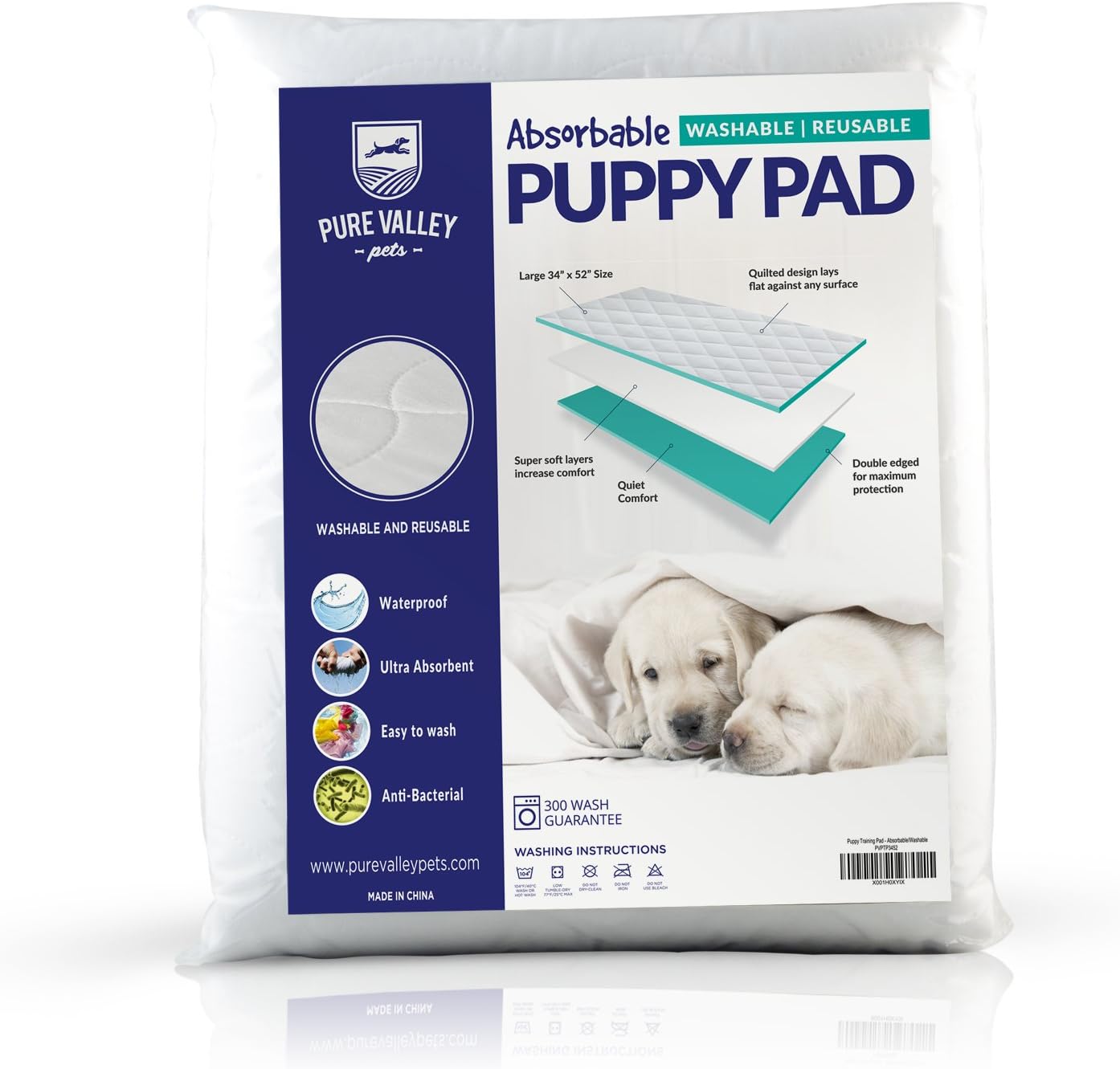 Pure Valley Pets Washable, Reusable Puppy Pads - Dog or Cat Training Mat - Ultra Absorbent, Waterproof Cloth Pad - Unscented Pee and Piddle Underpad with Polyurethane Backing - 54 x 34 Inches