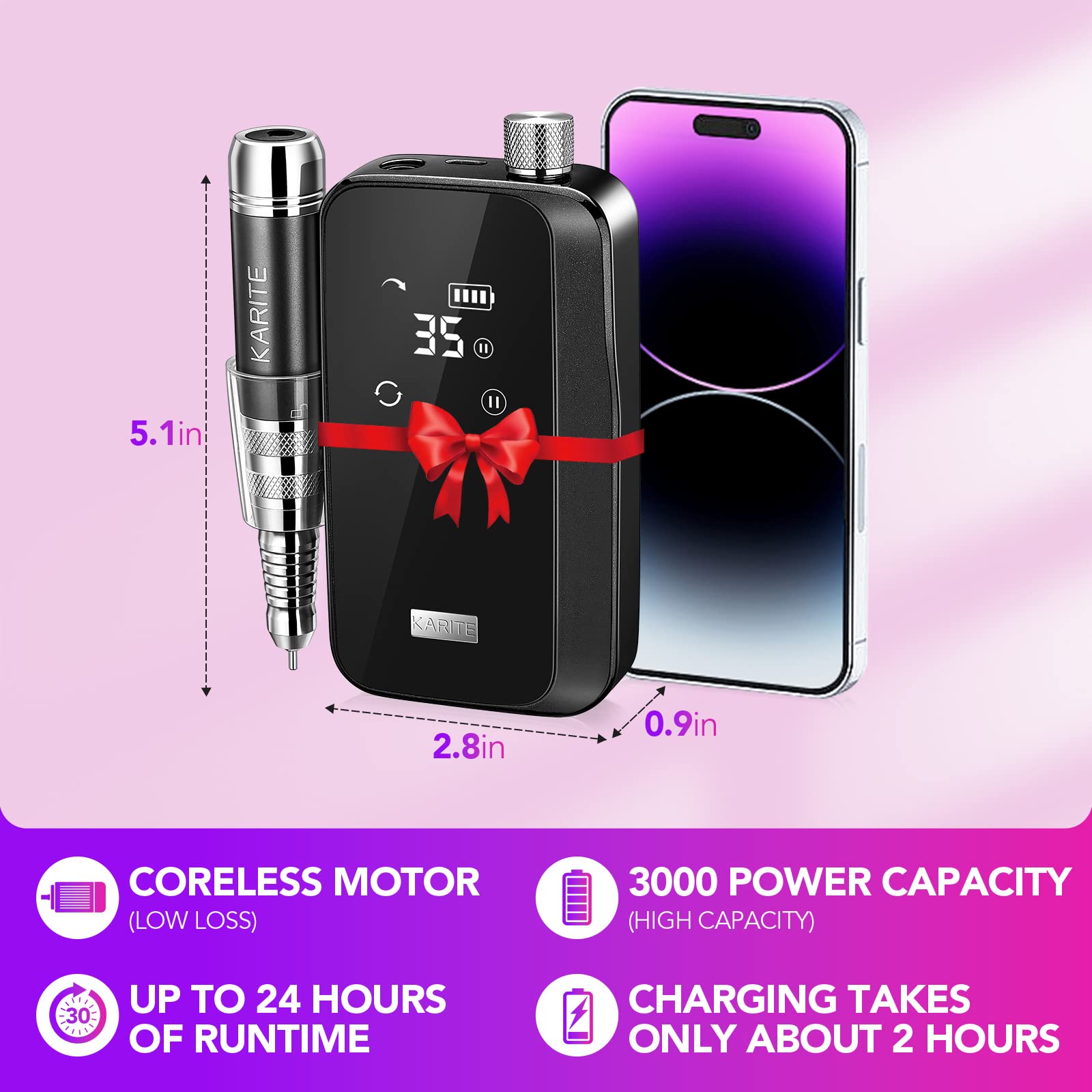 KARITE Nail Drill for Acrylic Nails Professional, 35000RPM Portable Nail File, Electric Nail Drill Machine 24H Working Time, Coreless Motor and 12 Bits, for Nail Art Manicure Pedicure, Low Noise - Image 4