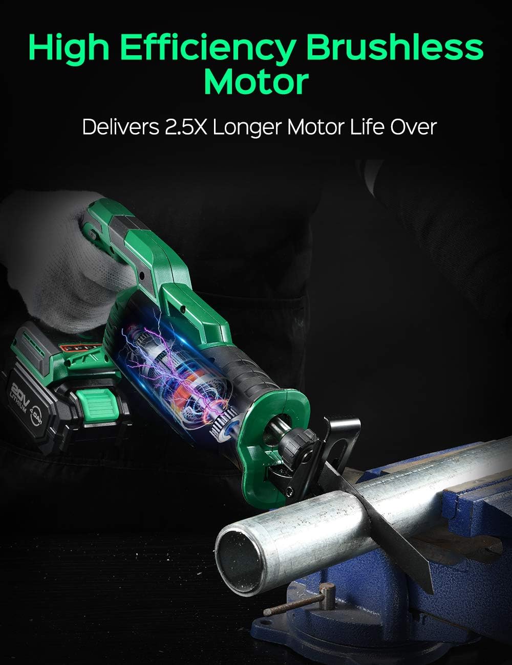 KIMO 20V 4.0Ah Li-ion Brushless Cordless Reciprocating Saw w/Battery & 1 Hour Fast Charger, 1" Stroke Length, Variable Speed, 8 Saw Blades for Wood/Metal/PVC Pipe Cutting, Demolition, Tree Trimming - - 