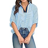 Tankaneo Womens V Neck Striped Blouse Oversized Dolman Sleeve Tops Summer Casual Loose Fit Polo Shirts