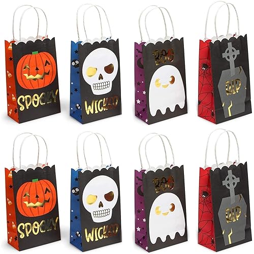 Spooky Central 24 Pack Halloween Paper Goodie Bags with Handles for Kids Trick or Treat Candy Gift, Party Favor Supplies, 4 Designs - Gift Bag - Party Supply
