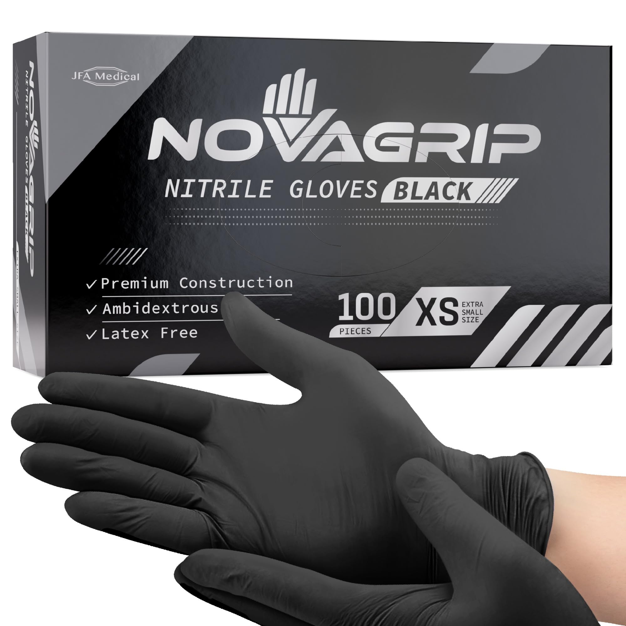 Novagrip JFA Medical Disposable Mechanic, Powder Free Latex Free Black Nitrile Gloves - Box of 100 (Extra Small)