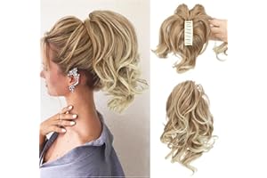 CJL HAIR Claw Clip Short Ponytail Hair Extensions DIY Bendable Metals Messy Bun Hair Piece for Wonen Wavy Curly Synthetic Fake Hairpieces Gloden Blonde and Beach Blonde Tips