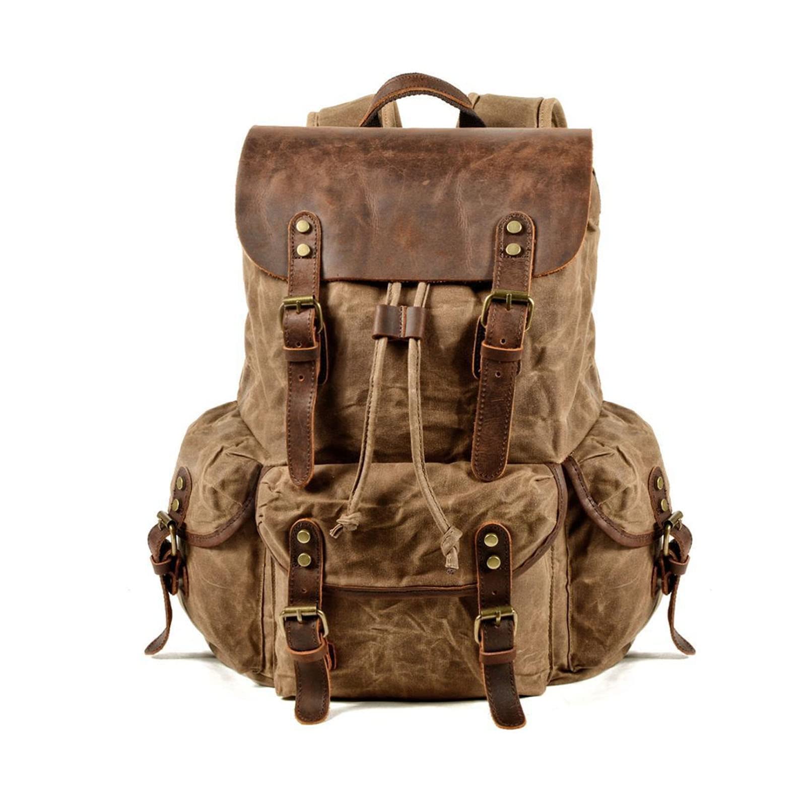 FANDARE Outdoor Backpack Leather-Waxed Canvas Hiking Daypacks Vintage Travel Trekking Rucksack for Men Women Sport Camping Mountaineer Knapsack Khaki